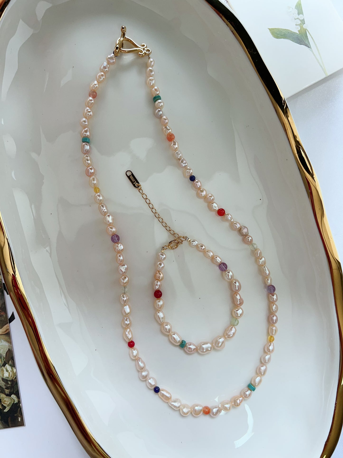 #PN1266 Freshwater Pearl Necklace & Bracelet Set champagne golden pearl rainbow natural stones agate amazonite lapis lazuli prehnite small beads
