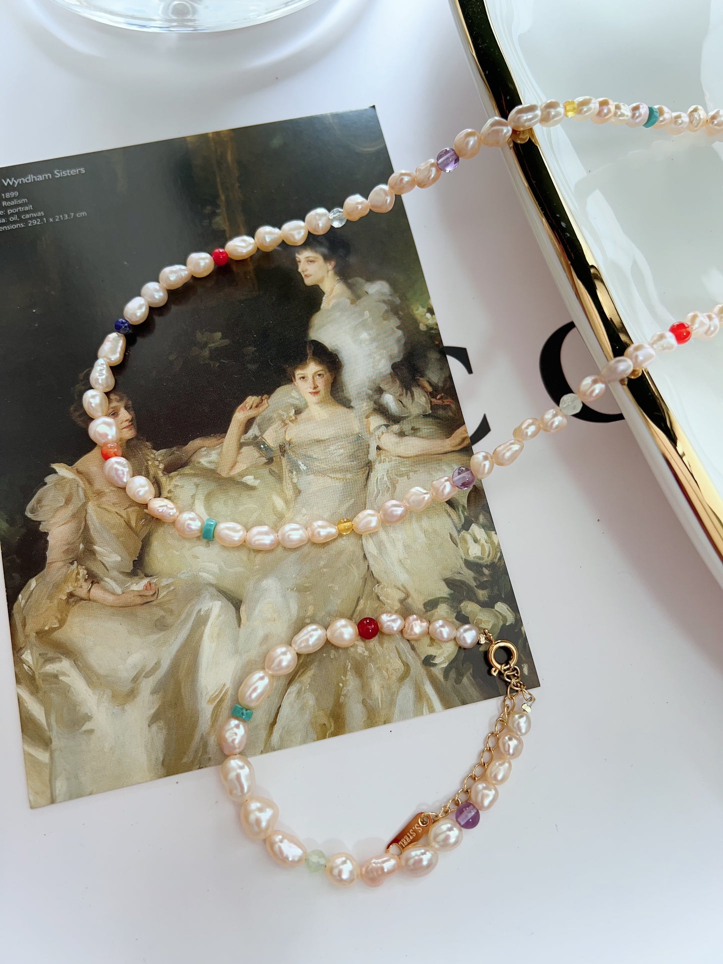 #PN1266 Freshwater Pearl Necklace & Bracelet Set champagne golden pearl rainbow natural stones agate amazonite lapis lazuli prehnite small beads