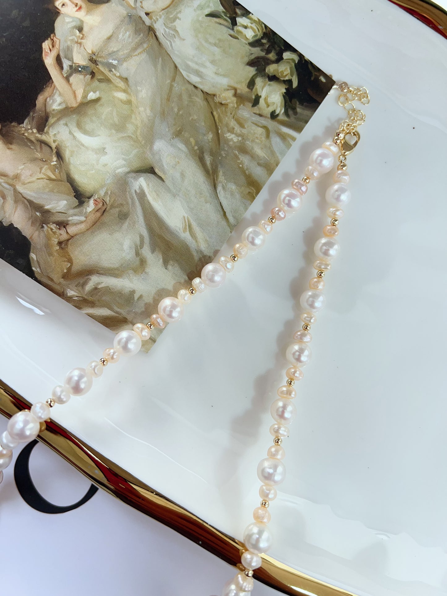 #PN1271 Freshwater pearl necklace light pink golden mixed shaped pearls natural flaws fishtail baroque pearl pendant 48+5cm