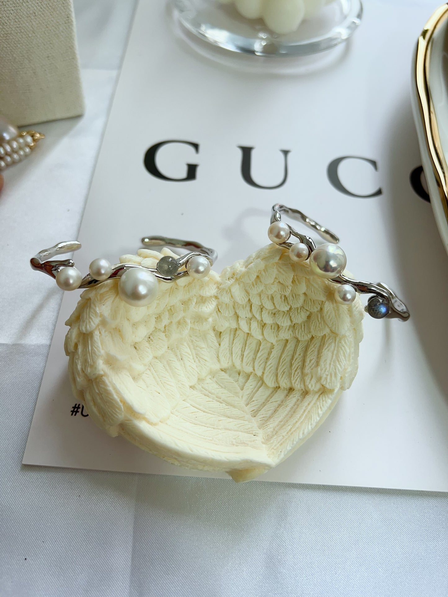 #B19 Freshwater pearl bangle lustrous pearl labradorite strong sheen titanium rust free adjustable