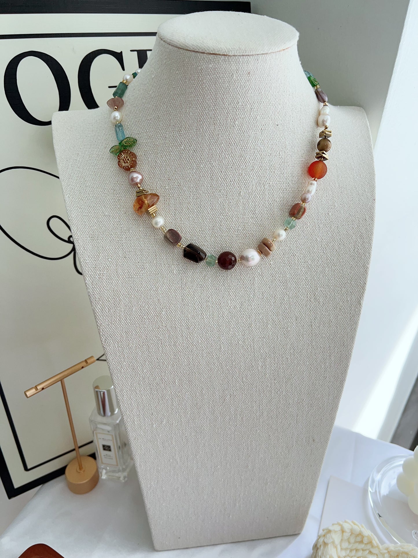 #PN1262 Freshwater pearl necklace agate fluorite citrine flower & leaf design colorful 43+5cm