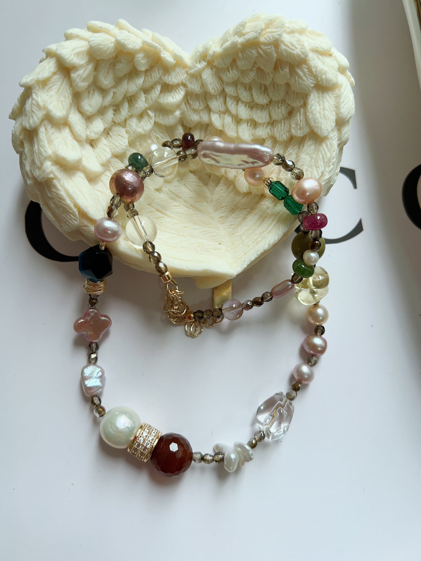 #PN1259 Freshwater pearl necklace alashan agate red agate citrine tourmaline 43+5cm clover pearl stick pearl