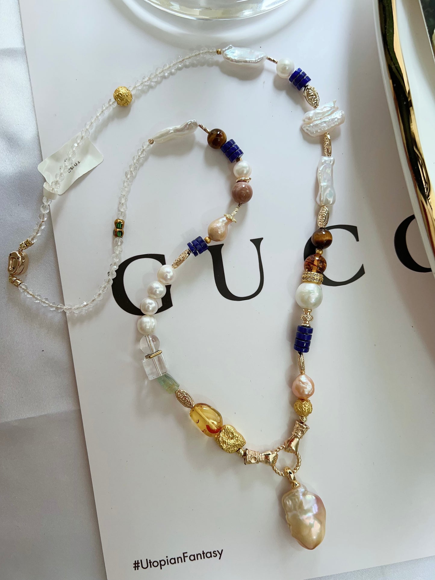 #PN1263 Freshwater pearl necklace 65cm amber fluorite detachable pendant fishtail baroque pearl lapis lazuli