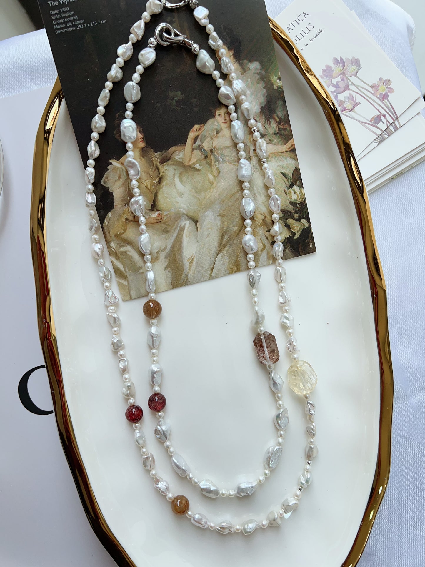 #PN1272 Freshwater pearl necklace silver stone irregular pearls silver lustre red rutile citrine freeform hematoid freeform 48cm 57cm