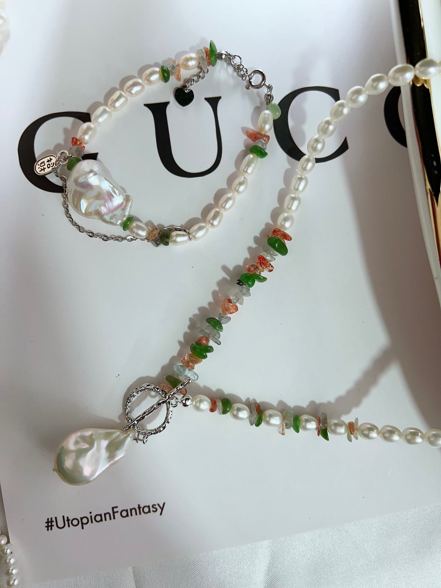 #PN1270 Freshwater pearl necklace & bracelet set agate Labradorite aventurine chips big fishtail baroque pendant lustrous