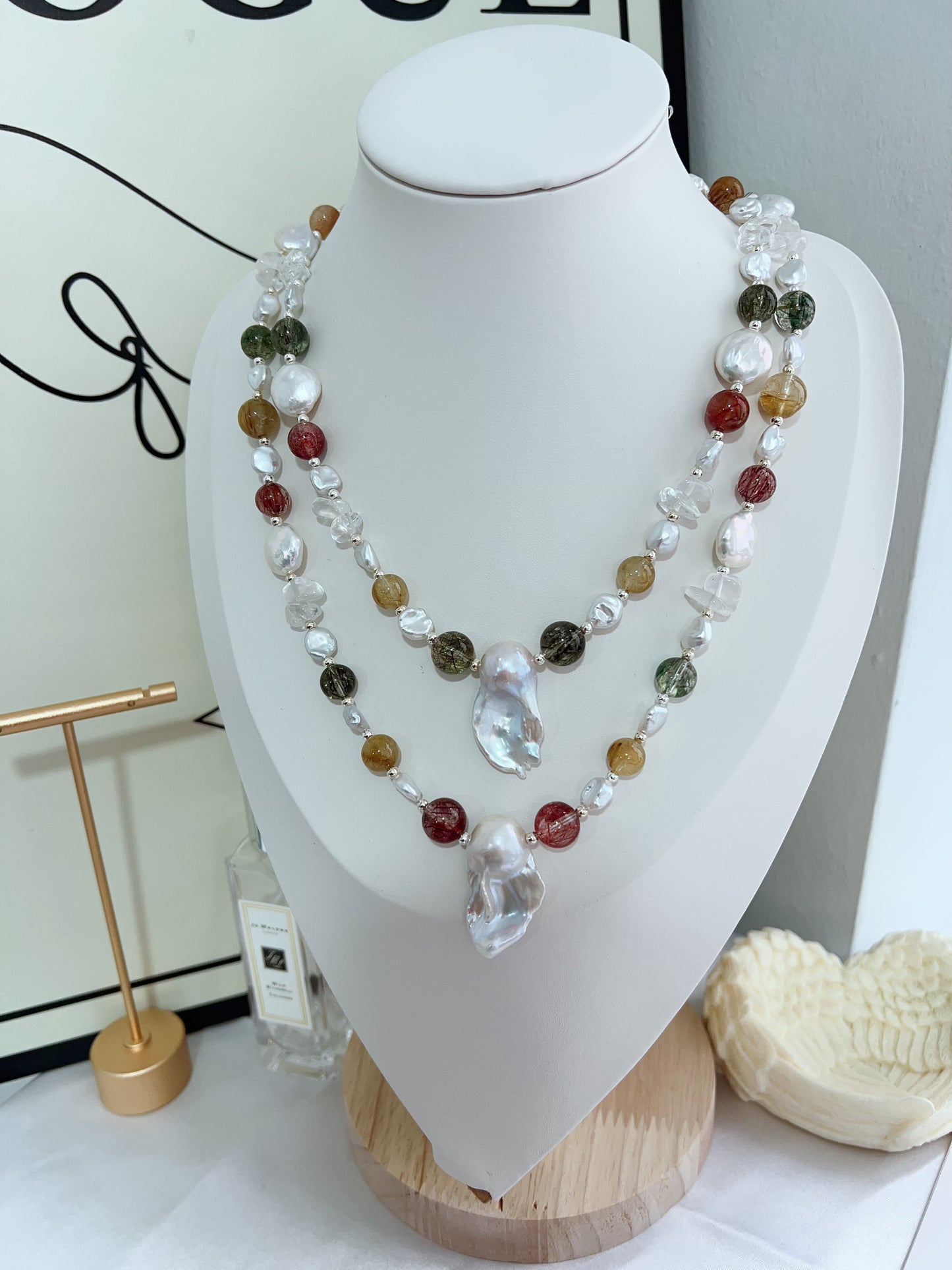 #PN1279 Freshwater pearl necklace high quality rutile colorful Rutilated quartz coin baroque pearl fishtail baroque pearl