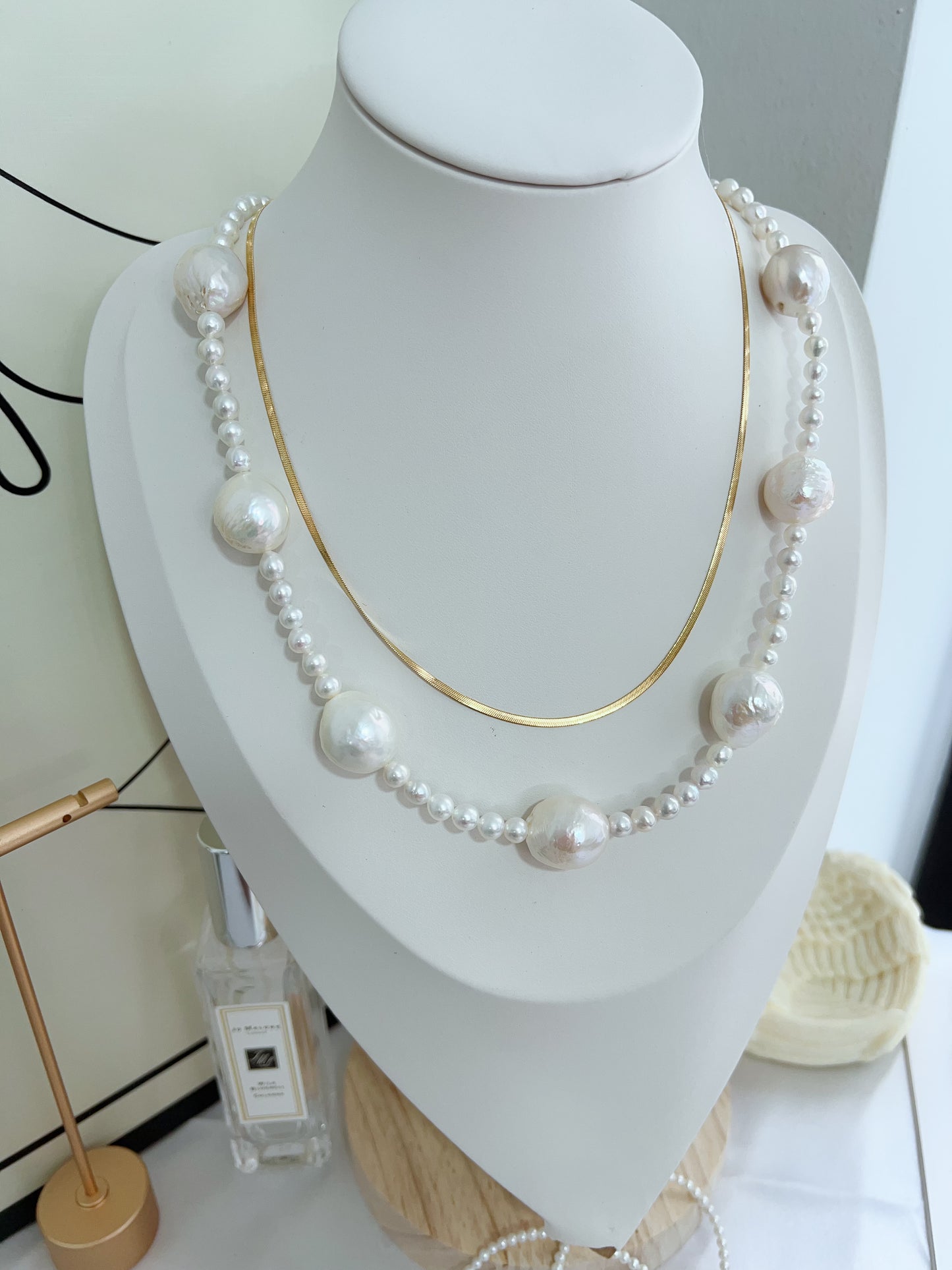 #PN1280 Freshwater pearl necklace set 3 pieces set baby pearl big white wrinkled baroque chain necklace