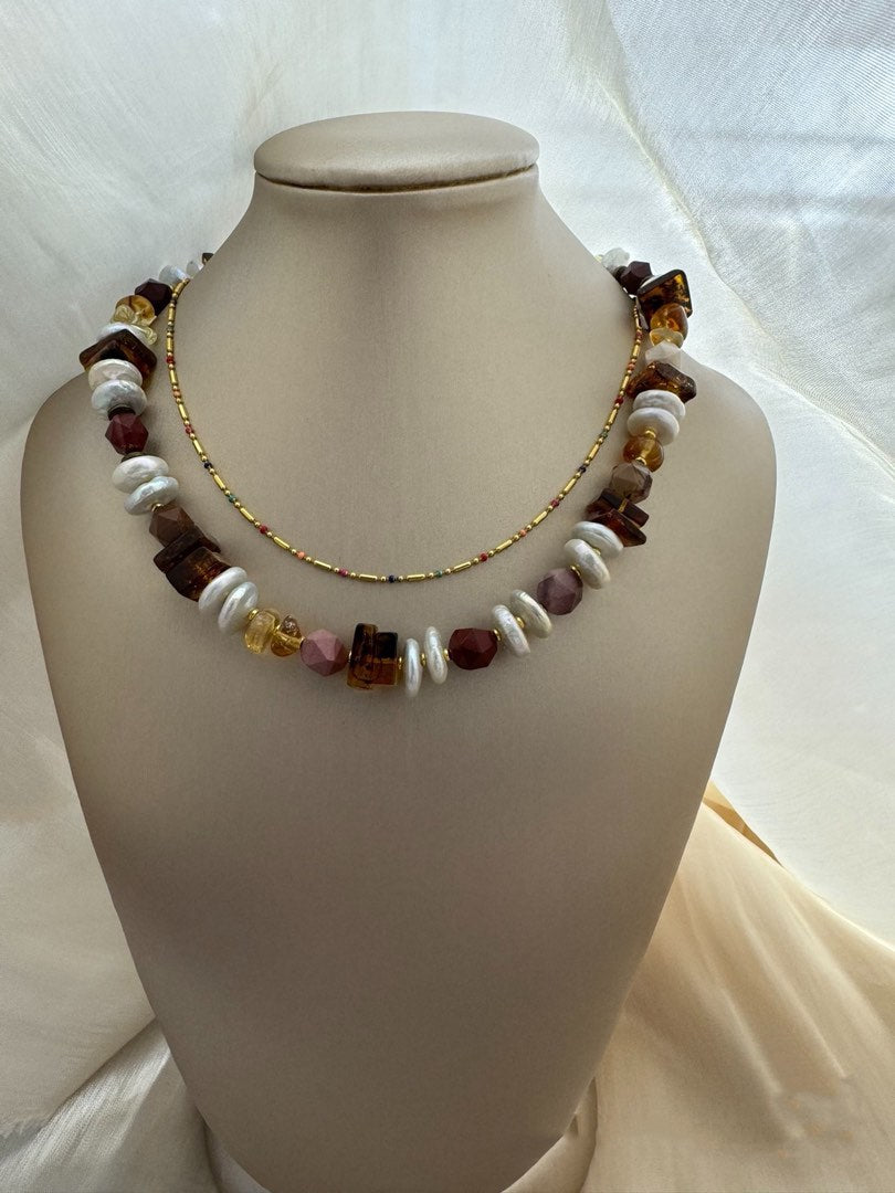 #PN463 Royal Palace |Freshwater Pearl Necklace |Coin Shaped Pearl |Square Amber|Yellow Quartz |Lemon Quartz |Mixed Shapes