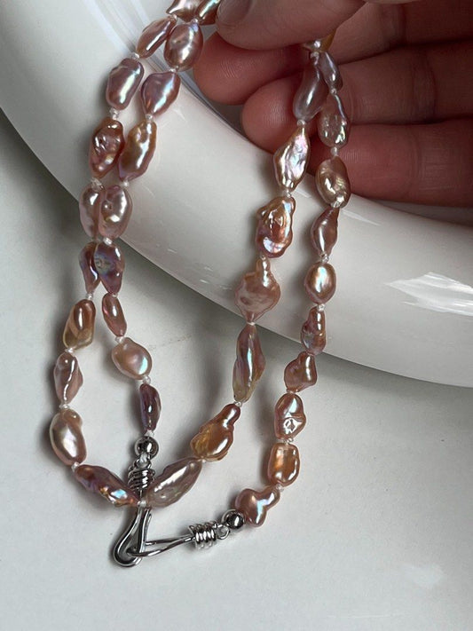 #PN567 Shiny Purple Lustre Mini Sized Freshwater Keshi Baroque Pearl Necklace