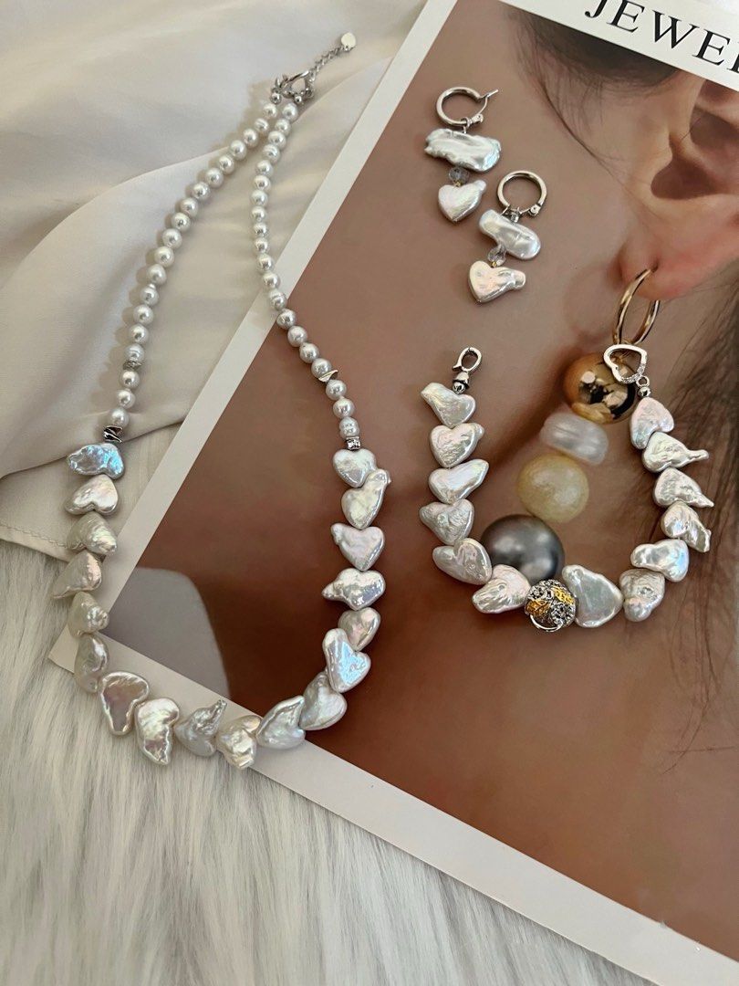 #PN536 Silver Heart|Freshwater Pearl Necklace & Bracelet & Earrings Set |Heart Shaped Baroque Pearl |Silver Lustre|Lute Shaped Pearl