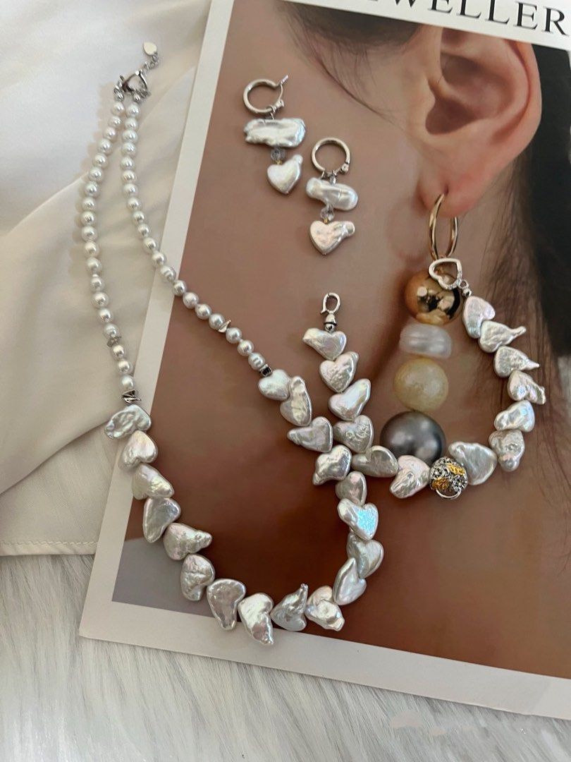 #PN536 Silver Heart|Freshwater Pearl Necklace & Bracelet & Earrings Set |Heart Shaped Baroque Pearl |Silver Lustre|Lute Shaped Pearl