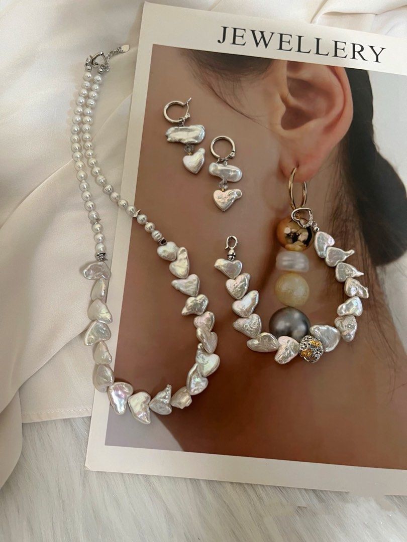 #PN536 Silver Heart|Freshwater Pearl Necklace & Bracelet & Earrings Set |Heart Shaped Baroque Pearl |Silver Lustre|Lute Shaped Pearl