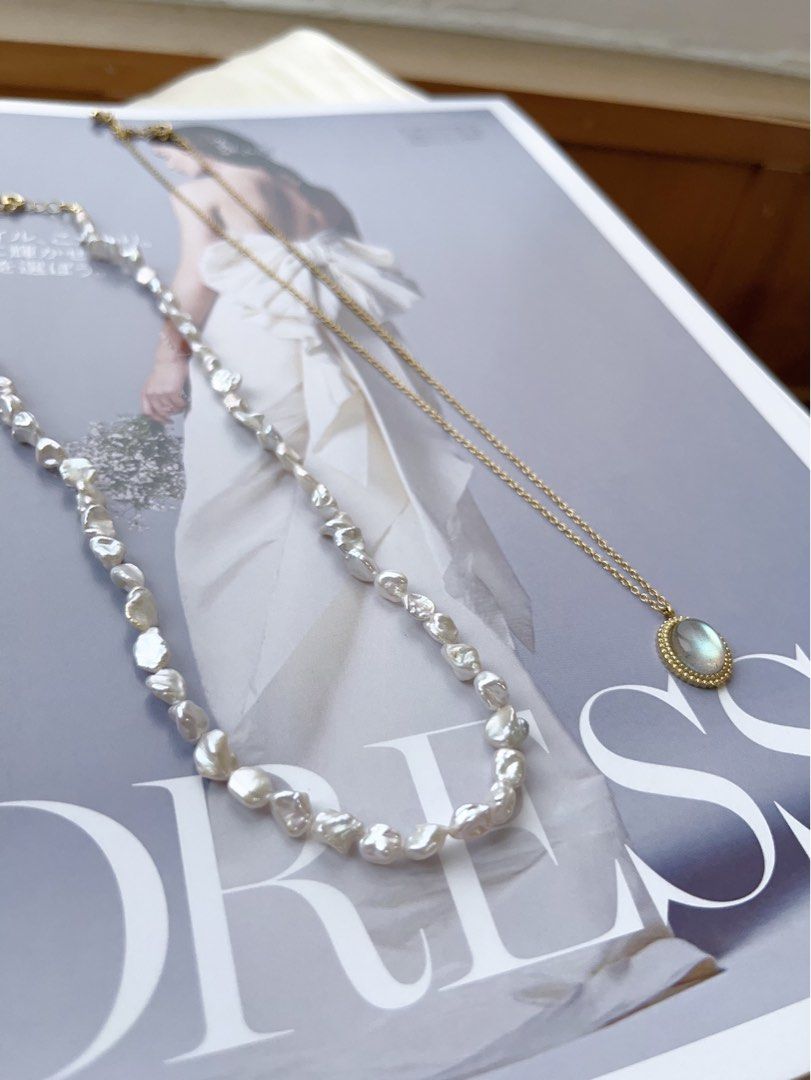 #PN597 Silver Star|Freshwater Pearl Necklace Set|Moonstone Necklace |Silver Blue-ish Irregular Pearl |Titanium Chain
