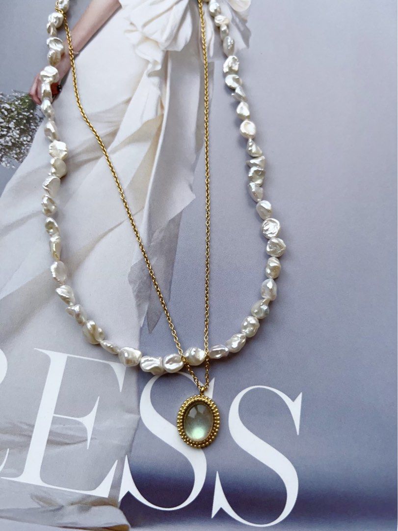 #PN597 Silver Star|Freshwater Pearl Necklace Set|Moonstone Necklace |Silver Blue-ish Irregular Pearl |Titanium Chain
