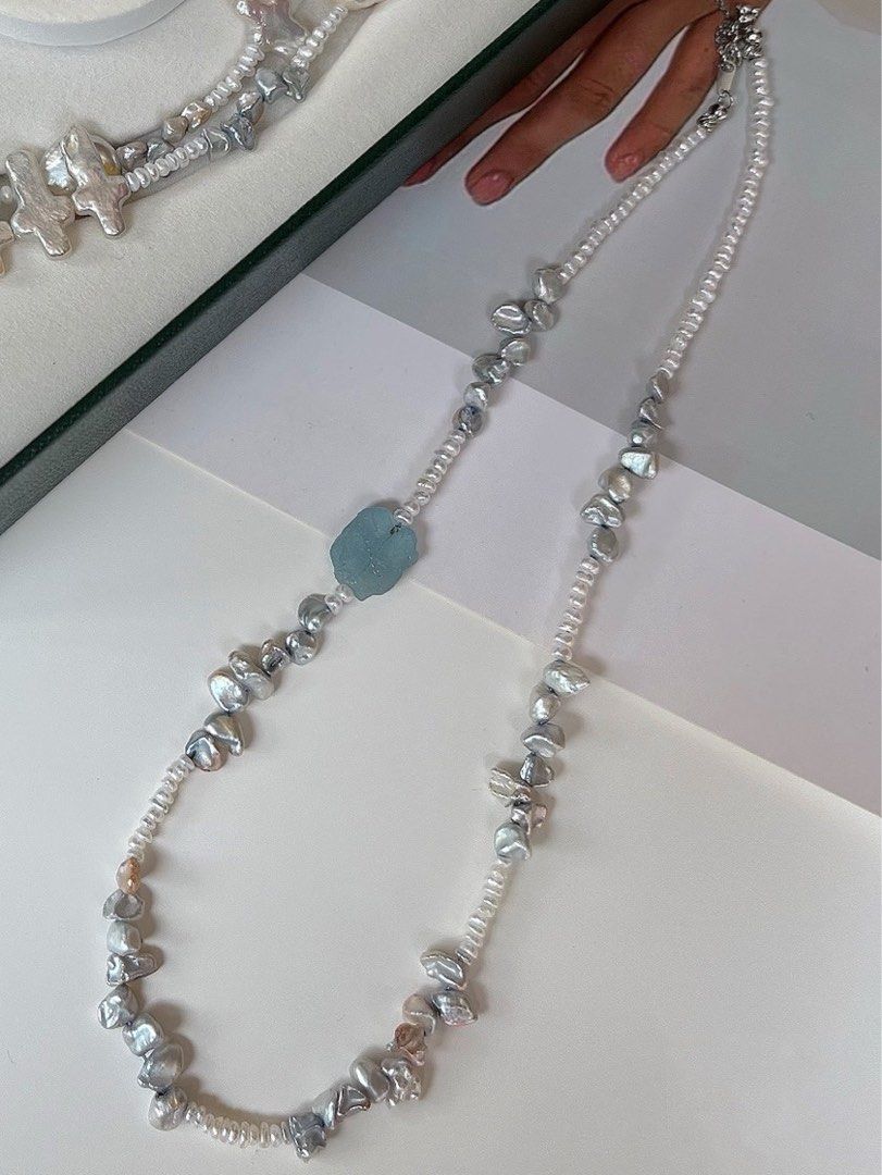 #PN481 Silver Summer | Freshwater Pearl Necklace | Aquamarine | Silver Pearl Petals |Baby Baroque Pearl