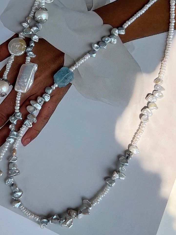 #PN481 Silver Summer | Freshwater Pearl Necklace | Aquamarine | Silver Pearl Petals |Baby Baroque Pearl