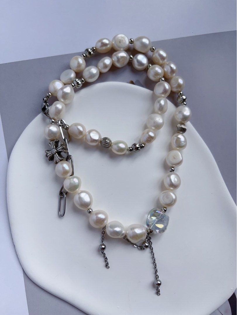 #PN557 [Snow White] Freshwater Pearl Necklace |Baroque Pearl |Natural Flaws |Dripping Chain|Cross
