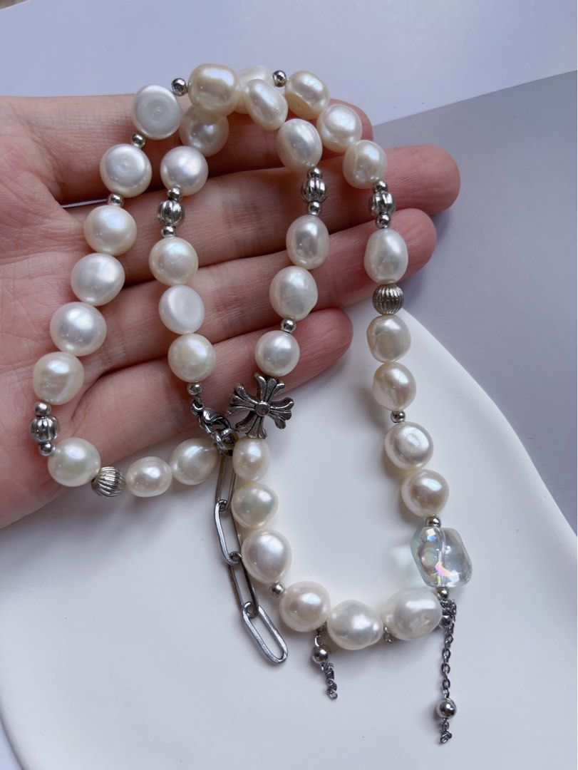#PN557 [Snow White] Freshwater Pearl Necklace |Baroque Pearl |Natural Flaws |Dripping Chain|Cross