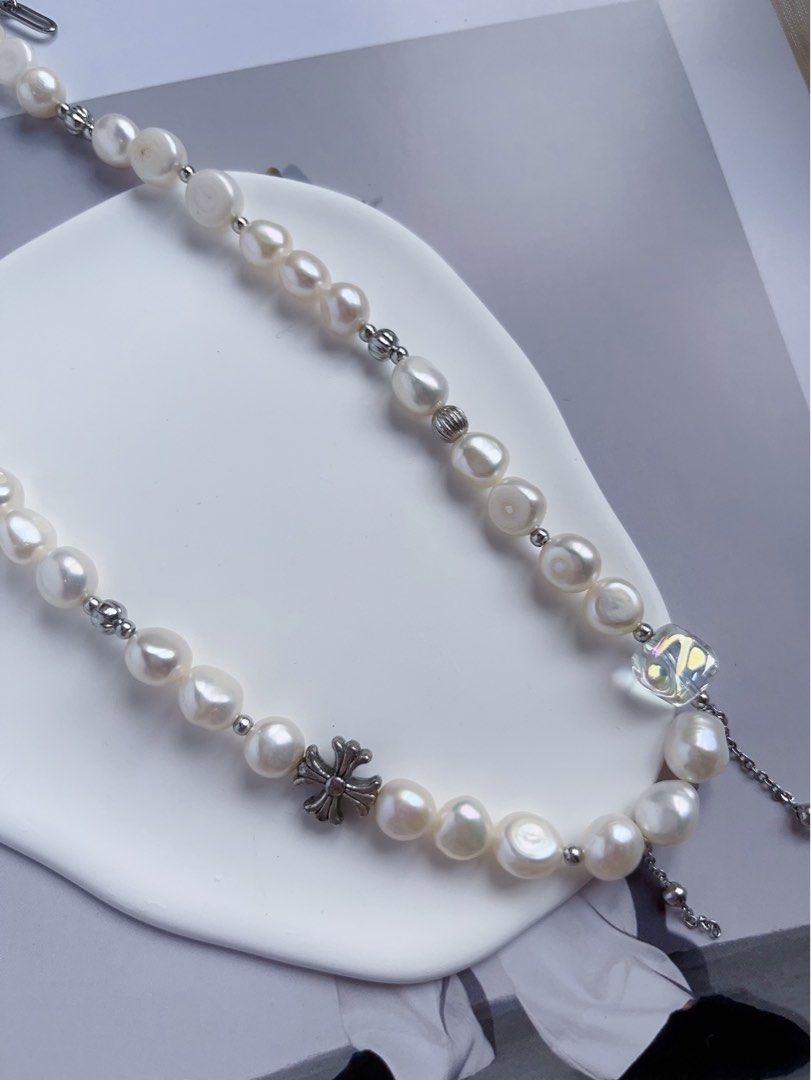 #PN557 [Snow White] Freshwater Pearl Necklace |Baroque Pearl |Natural Flaws |Dripping Chain|Cross