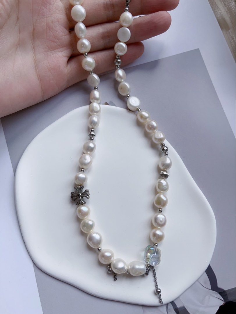 #PN557 [Snow White] Freshwater Pearl Necklace |Baroque Pearl |Natural Flaws |Dripping Chain|Cross