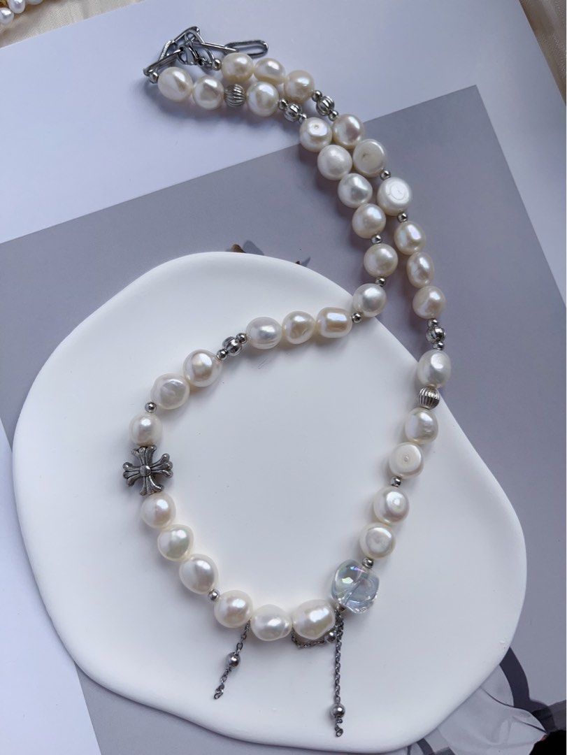 #PN557 [Snow White] Freshwater Pearl Necklace |Baroque Pearl |Natural Flaws |Dripping Chain|Cross
