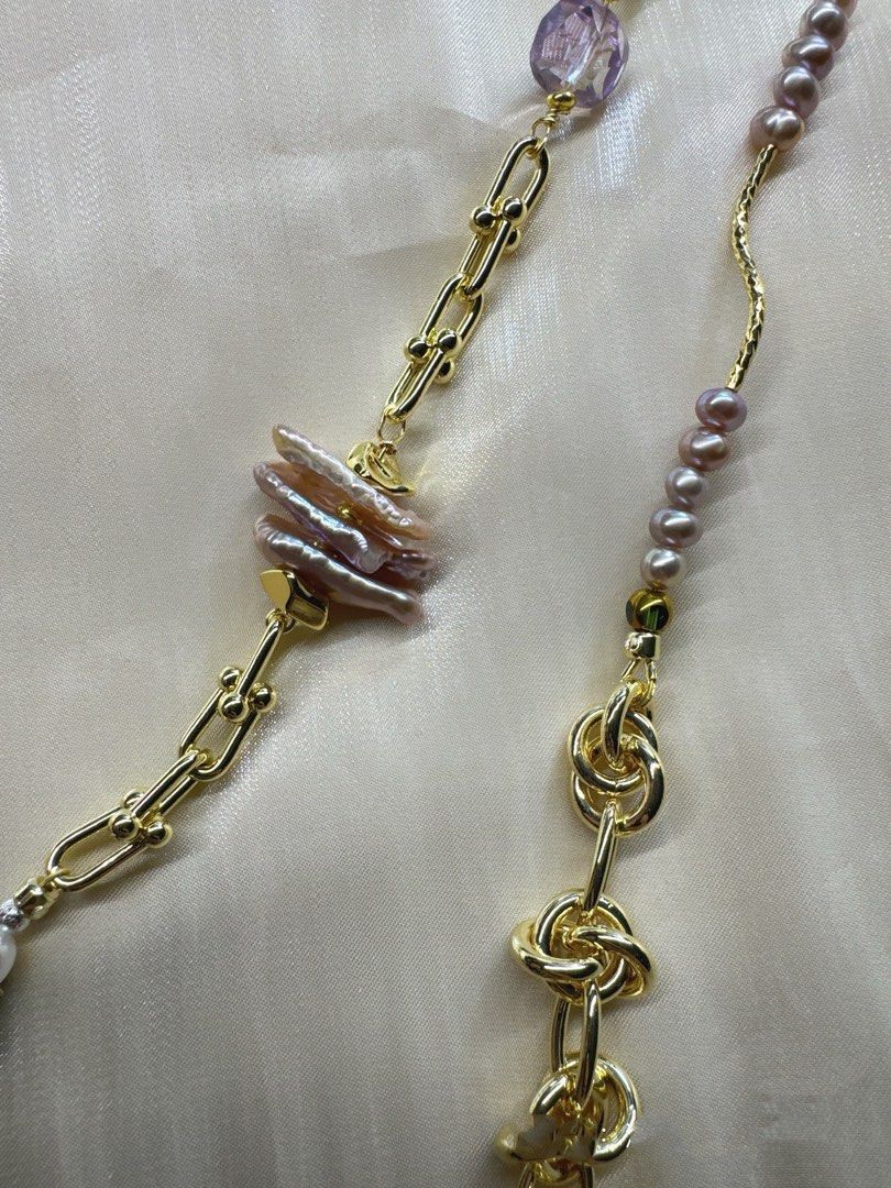 #PN442 Sweater Necklace |Freshwater Pearl Necklace |Half Chain|Baby Pearl|Quartz|Amber|Colorful|Medium Length|Stick Shaped Pearl