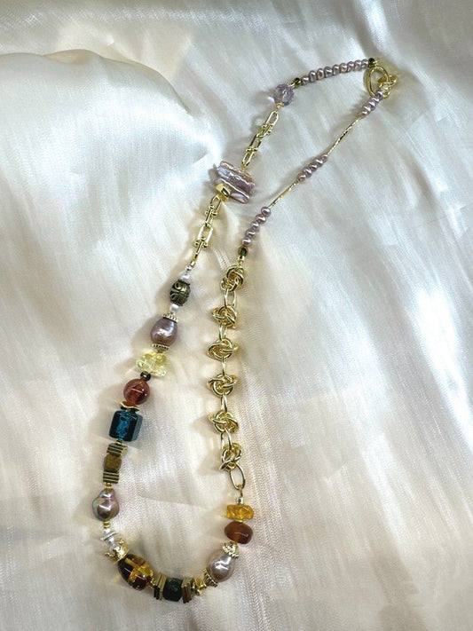 #PN442 Sweater Necklace |Freshwater Pearl Necklace |Half Chain|Baby Pearl|Quartz|Amber|Colorful|Medium Length|Stick Shaped Pearl