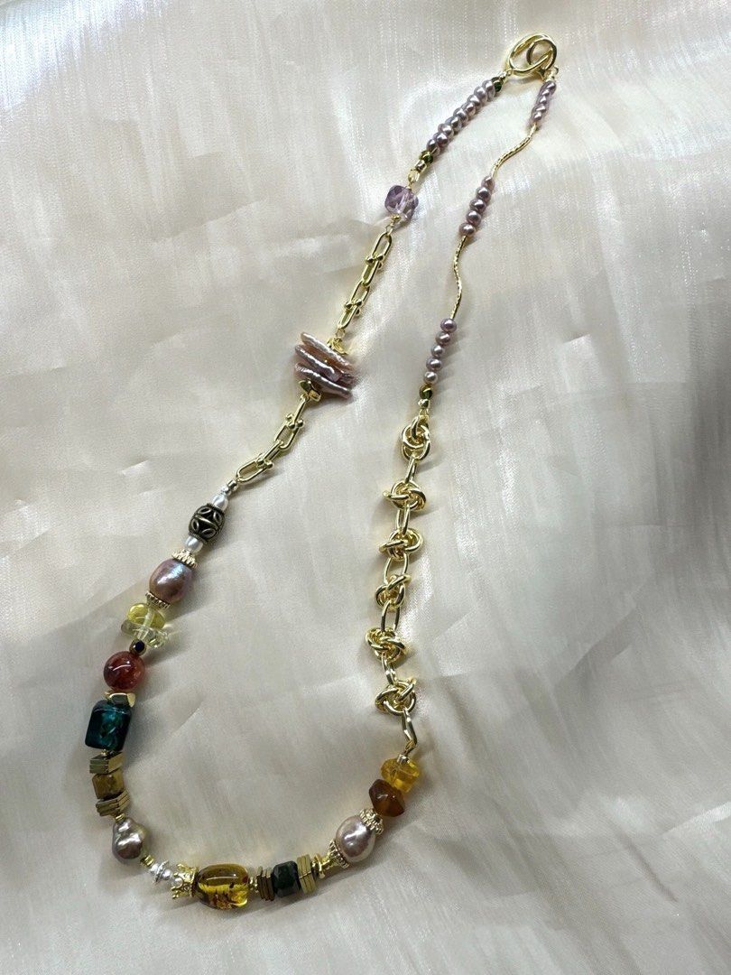 #PN442 Sweater Necklace |Freshwater Pearl Necklace |Half Chain|Baby Pearl|Quartz|Amber|Colorful|Medium Length|Stick Shaped Pearl
