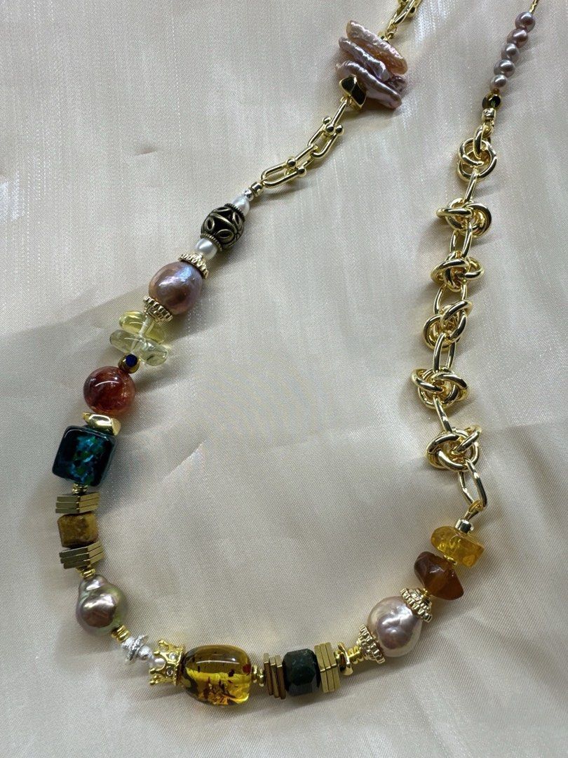 #PN442 Sweater Necklace |Freshwater Pearl Necklace |Half Chain|Baby Pearl|Quartz|Amber|Colorful|Medium Length|Stick Shaped Pearl