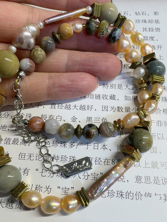 #PN494 Tribal Ethnic | Freshwater Pearl Necklace | Agate| Mixed Shapes | Stick Pearl| Baroque| Natural Stones