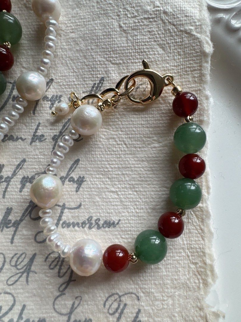 [Sale] Unveiled Beauty| Freshwater Pearl Necklace & Bracelet & Earrings Set| Red Agate| Aventurine| Natural Stones| Baroque Pearl |Baby Pearl