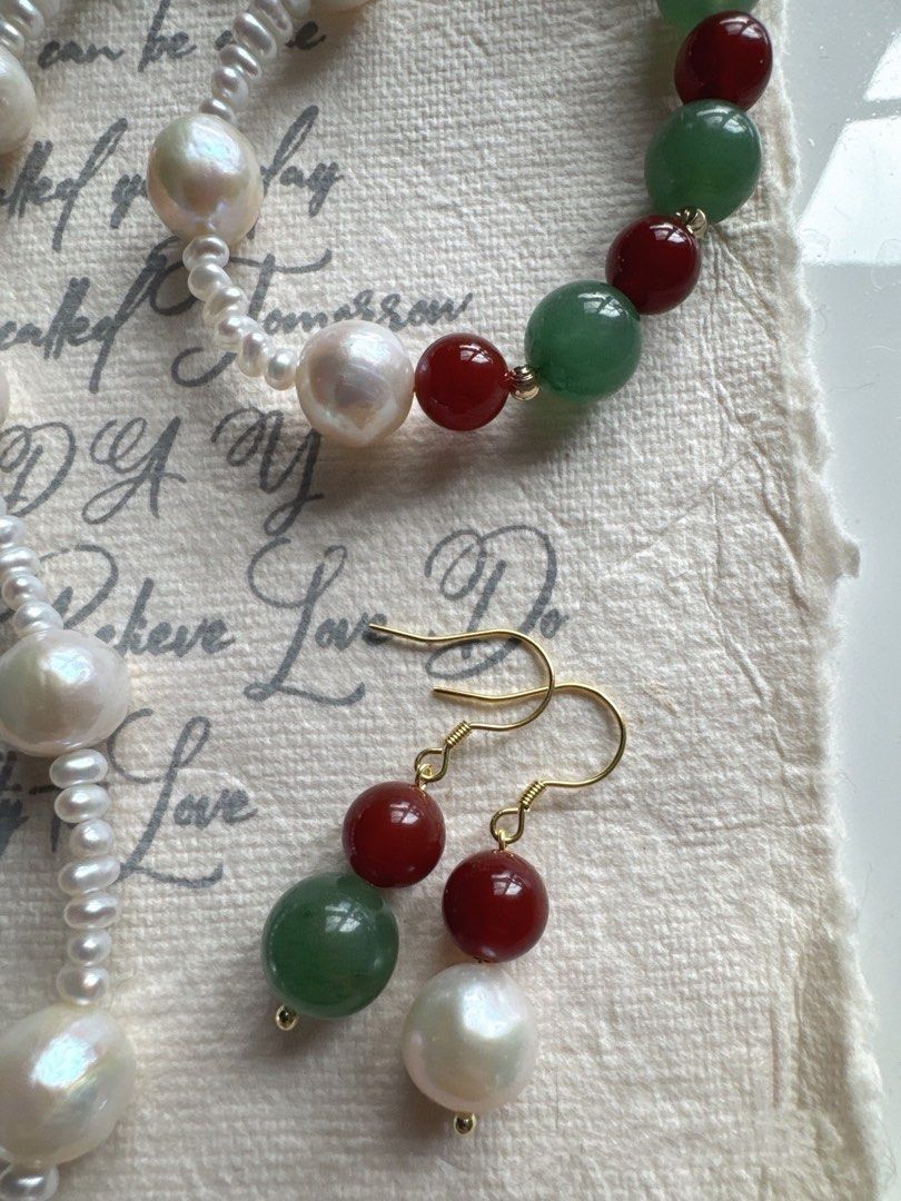 [Sale] Unveiled Beauty| Freshwater Pearl Necklace & Bracelet & Earrings Set| Red Agate| Aventurine| Natural Stones| Baroque Pearl |Baby Pearl