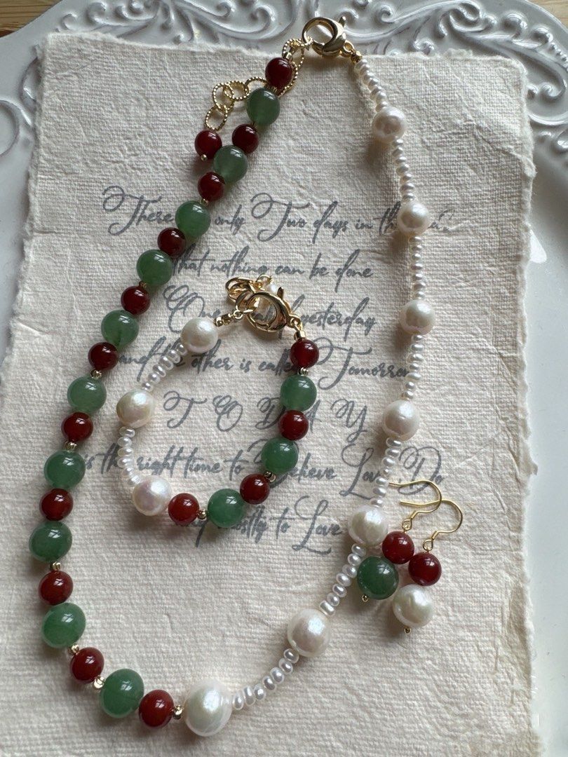 [Sale] Unveiled Beauty| Freshwater Pearl Necklace & Bracelet & Earrings Set| Red Agate| Aventurine| Natural Stones| Baroque Pearl |Baby Pearl