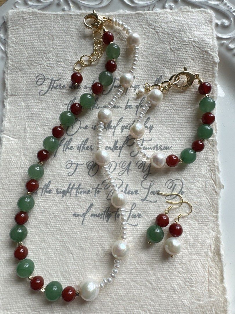 [Sale] Unveiled Beauty| Freshwater Pearl Necklace & Bracelet & Earrings Set| Red Agate| Aventurine| Natural Stones| Baroque Pearl |Baby Pearl