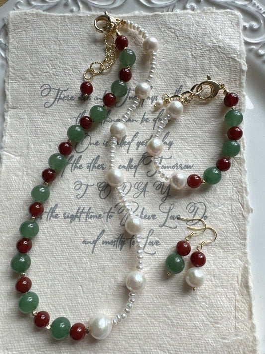 [Sale] Unveiled Beauty| Freshwater Pearl Necklace & Bracelet & Earrings Set| Red Agate| Aventurine| Natural Stones| Baroque Pearl |Baby Pearl