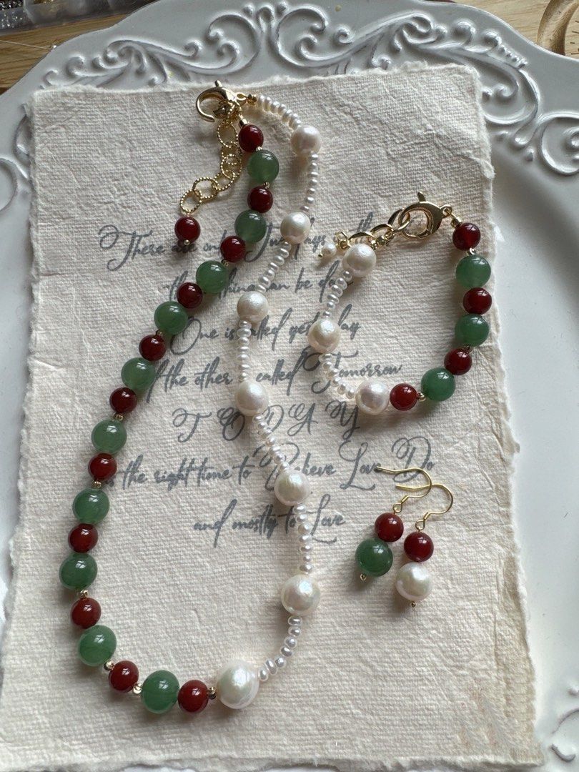 [Sale] Unveiled Beauty| Freshwater Pearl Necklace & Bracelet & Earrings Set| Red Agate| Aventurine| Natural Stones| Baroque Pearl |Baby Pearl