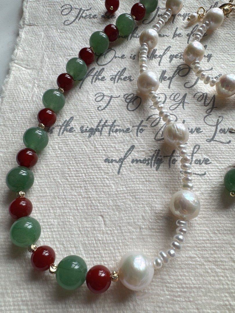 [Sale] Unveiled Beauty| Freshwater Pearl Necklace & Bracelet & Earrings Set| Red Agate| Aventurine| Natural Stones| Baroque Pearl |Baby Pearl