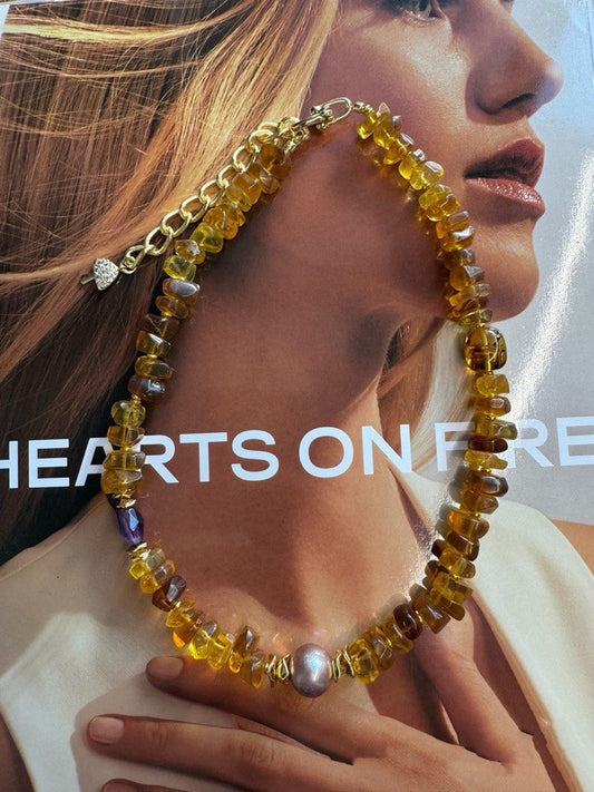 #PN489 Urban Edge | Freshwater Pearl & Beeswax Necklace | Big Purple Baroque Pearl|Purple Quartz