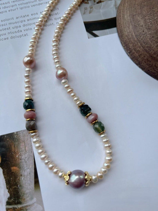 #PN525 Vintage Era| Genuine Freshwater Pearl Necklace |Natural Stones|Edison Pearl |Baroque Pearl |Heart Clasp
