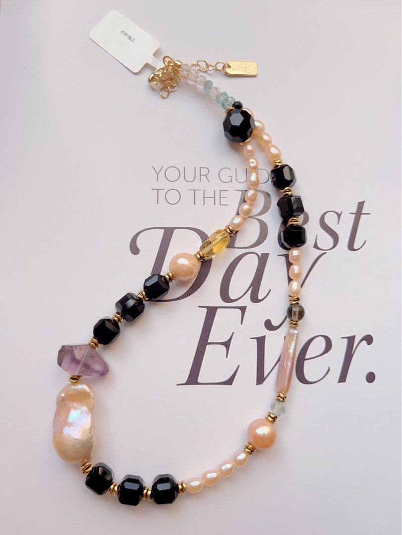 #PN502 Whimsical Fun| Freshwater Pearl Necklace | Black Agate| Big Baroque Pearl |Quartz|Natural Stones