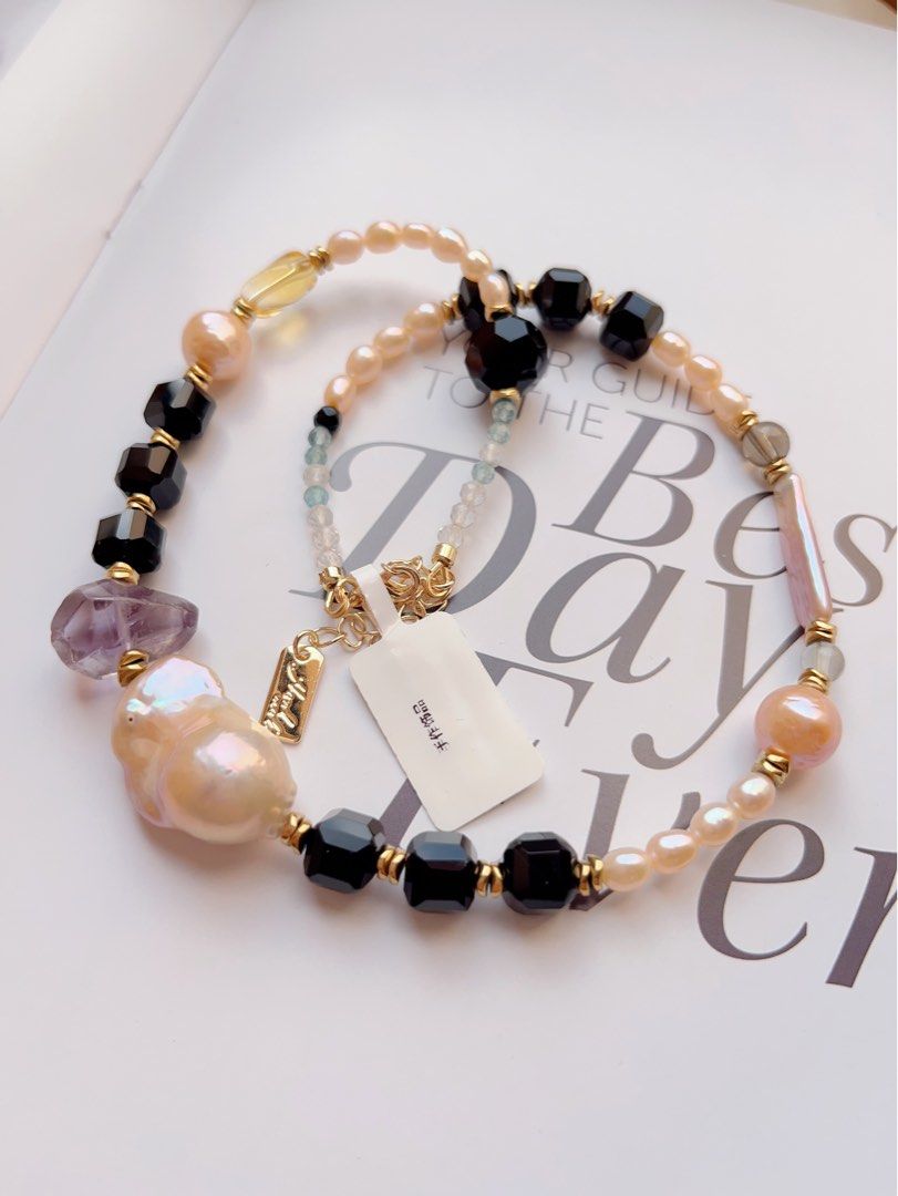 #PN502 Whimsical Fun| Freshwater Pearl Necklace | Black Agate| Big Baroque Pearl |Quartz|Natural Stones