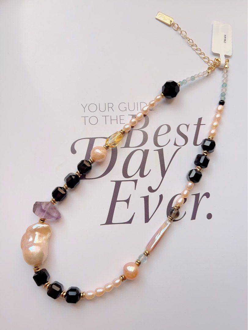 #PN502 Whimsical Fun| Freshwater Pearl Necklace | Black Agate| Big Baroque Pearl |Quartz|Natural Stones