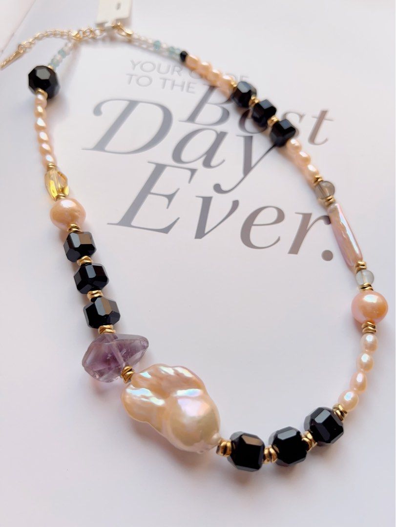 #PN502 Whimsical Fun| Freshwater Pearl Necklace | Black Agate| Big Baroque Pearl |Quartz|Natural Stones