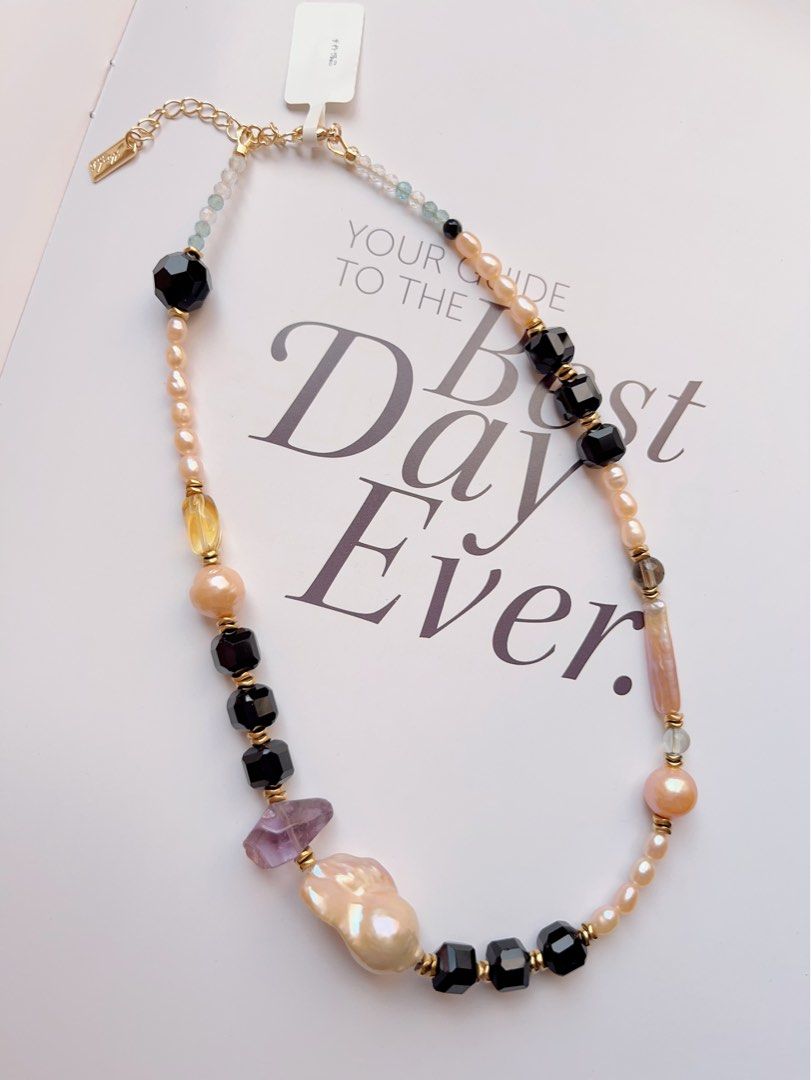 #PN502 Whimsical Fun| Freshwater Pearl Necklace | Black Agate| Big Baroque Pearl |Quartz|Natural Stones