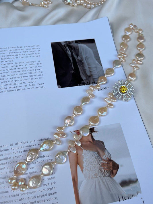 #PN529 Yellow Star|Freshwater Pearl Necklace |Champagne Pink |Coin Shaped|Baroque Pearl |Flexible Length