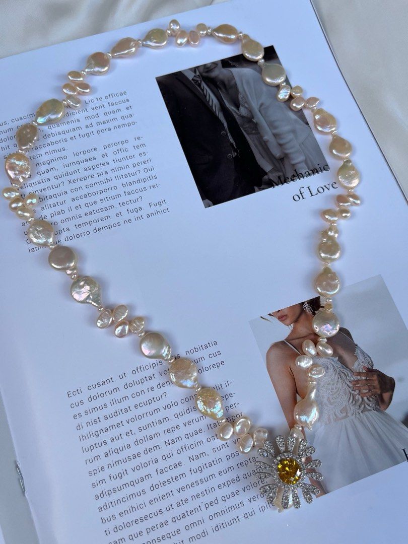 #PN529 Yellow Star|Freshwater Pearl Necklace |Champagne Pink |Coin Shaped|Baroque Pearl |Flexible Length